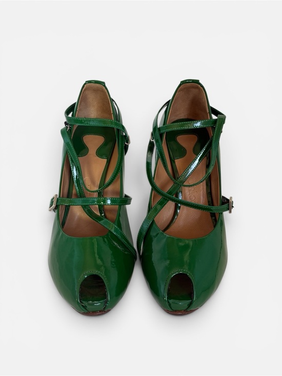 Chloe Shoes - Chloe Green Patent Leather Peep-Toe Strappy Heels